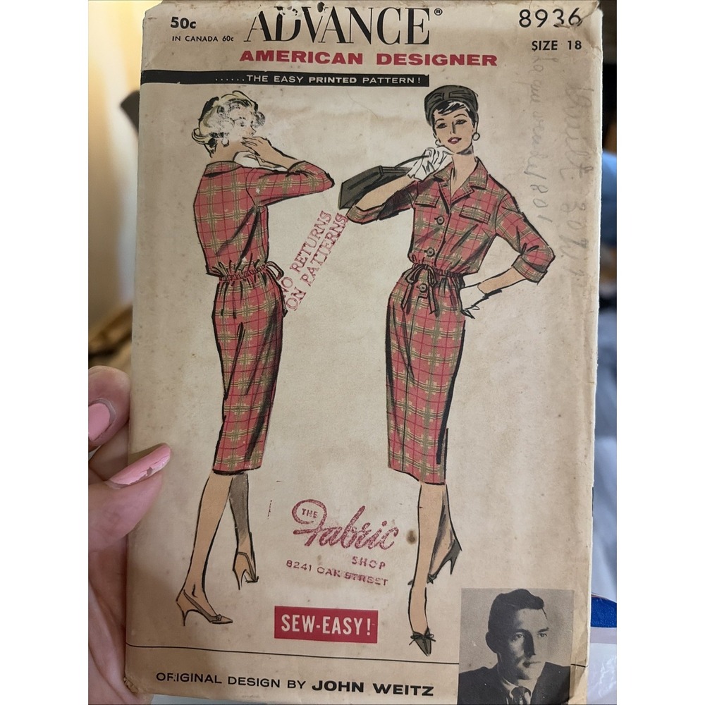 Vintage 1959 Advance 8936 John Weitz Ladies Shirt Dress Sewing Pattern Size 18